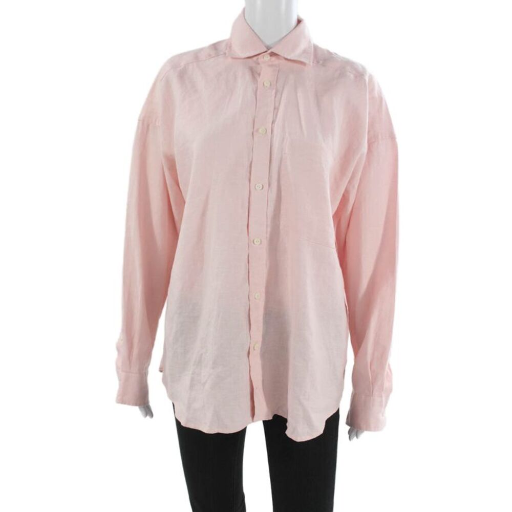 WNU Women Basic Pink Linen Collared Button-Up Long Sleeve Top Size M